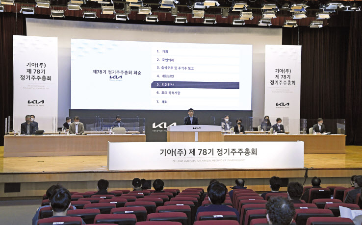 29일 기아 양재동 본사사옥에서 열린 제78기 정기 주주총회에서 송호성 사장이 발언하고 있다.