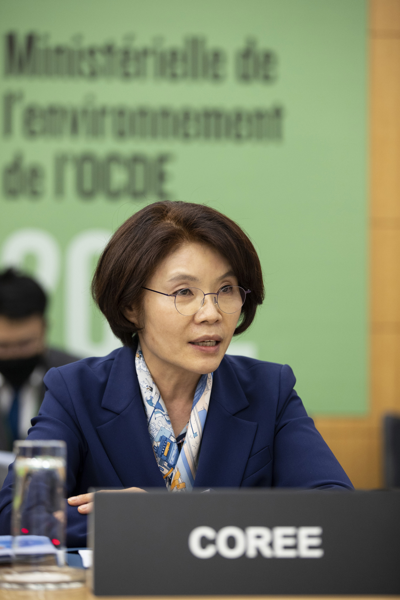 경제협력개발기구(OECD) 환경정책위원회(EPOC) 장관급회의에서 발언하는 한정애 환경장관. [환경부 제공]
