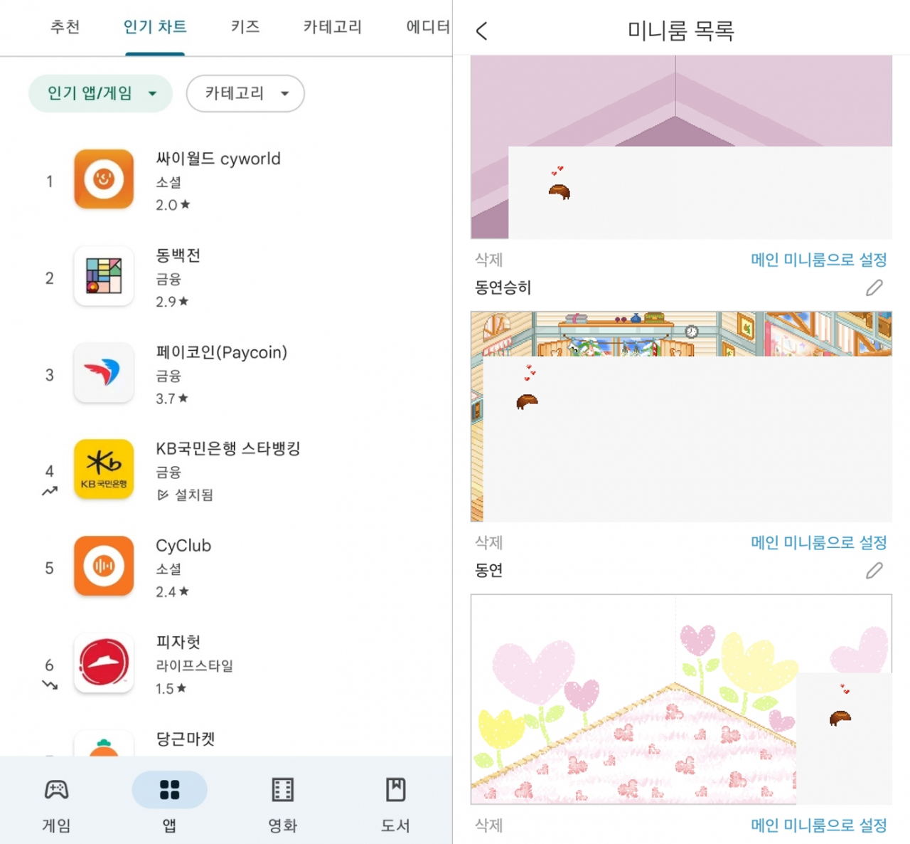 4일 오전 10시30분 기준 구글 플레이스토어에서 애플리케이션 다운로드 순위에서 ‘싸이월드’가 1위를 차지한 모습(왼쪽). 모바일 버전으로 출시된 싸이월드 미니홈페이지(미니홈피) 모습. [구글 플레이스토어 캡처·독자 제공]