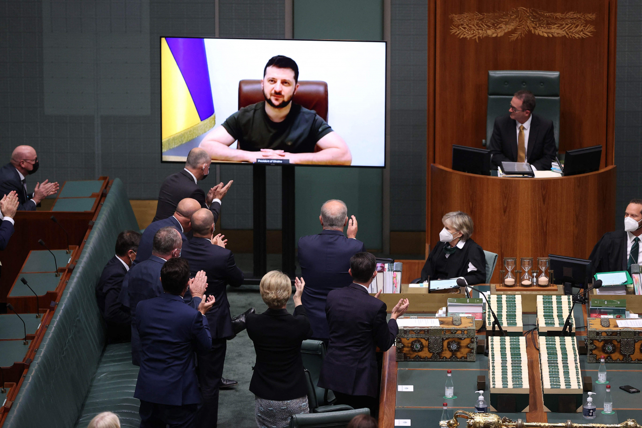 In this AFP photo, Ukrainian President Volodymyr Zelenskyy addresses the Parliament of Australia in Canberra last Thursday. (AFP)