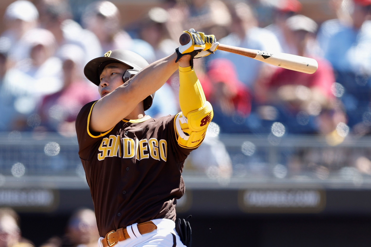 In this Getty Images file photo from March 23, 2022, Kim Ha-seong of the San Diego Padres takes a swing against the Los Angeles Angels during the bottom of the second inning of a Major League Baseball spring training game at Peoria Stadium in Peoria, Arizona. (Getty Images)