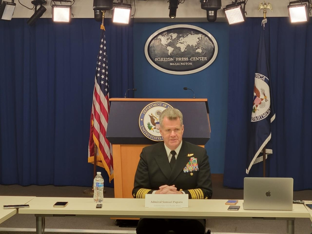 Adm. Samuel Paparo, commander of the US Pacific Fleet, speaks in a media roundtable hosted by the Washington Foreign Press Center in Washington on Monday. (Yonhap)