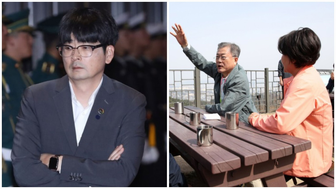 탁현민 청와대 의전비서관(좌), 문재인 대통령과 김정숙 여사가 5일 오후 북악산 남측 탐방로를 통해 청운대 쉼터에 도착해 산행 참석자들과 함께 대화를 나누고 있는 모습. [연합]