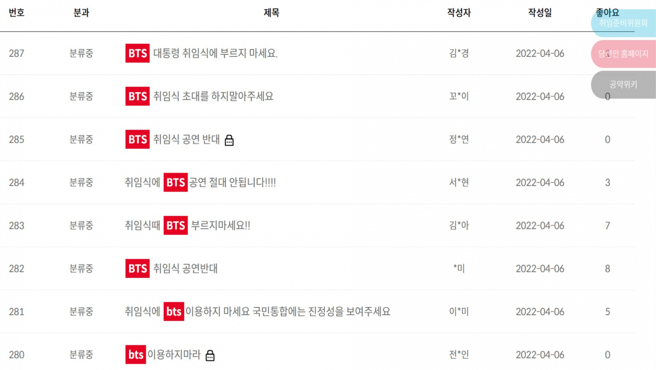 대통령직인수위원회 홈페이지 ‘국민이 당선인에게 바란다’ 코너 일부 캡처.