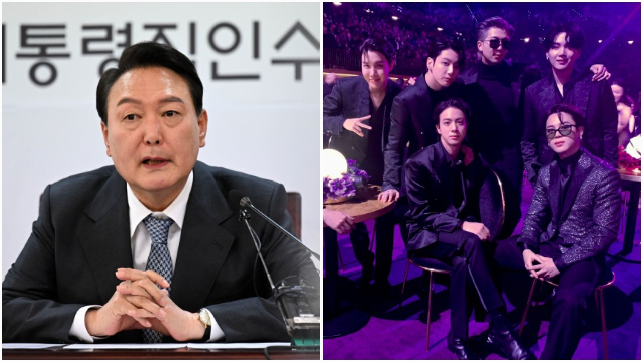윤석열 대통령 당선인(좌), 그룹 방탄소년단(BTS)이 3일(현지시간) 미국 라스베이거스 MGM 그랜드 가든 아레나에서 열린 제64회 그래미 시상식에서 기념 촬영을 하고 있는 모습. [연합, 빅히트뮤직]