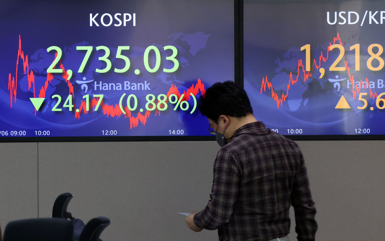 An electronic board showing the Korea Composite Stock Price Index (Kospi) at a dealing room of the Hana Bank headquarters in Seoul on Wednesday. (Yonhap)
