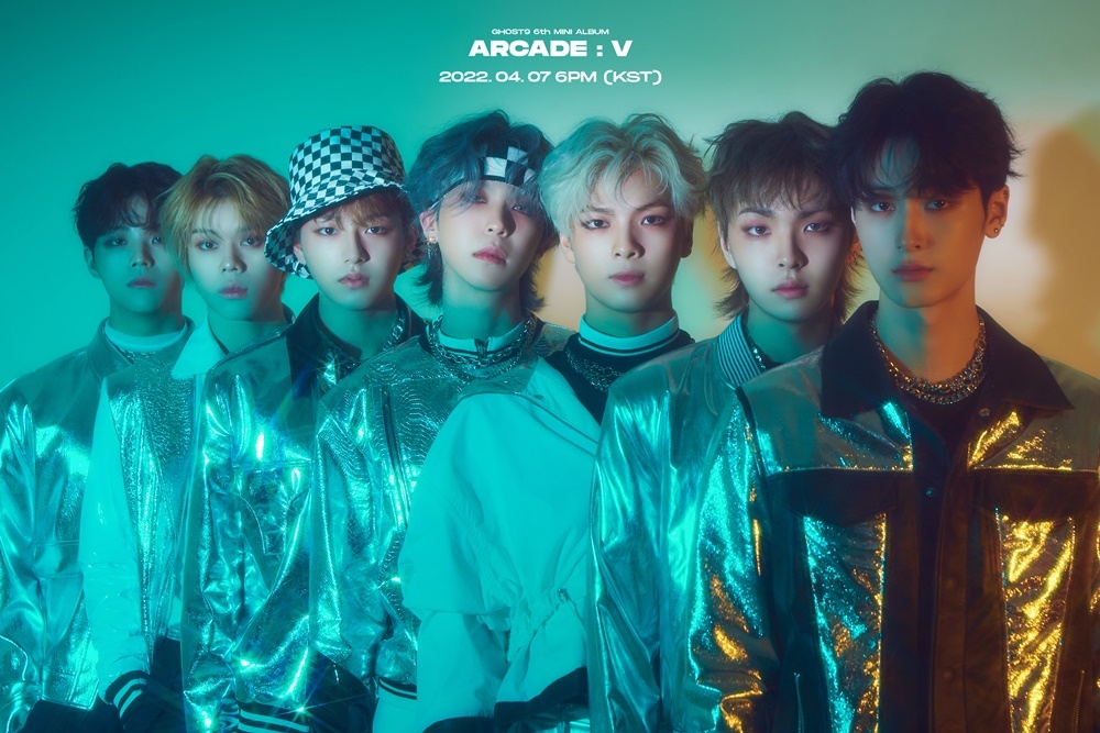 Group concept photo of Ghost9's sixth EP "Arcade: V" (Maroo Entertainment)