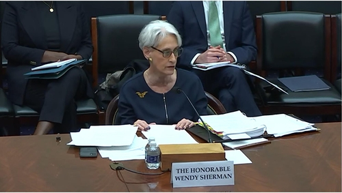 US Deputy Secretary of State Wendy Sherman is seen delivering opening remarks in a House Foreign Services Committee hearing in Washington on Wednesday in this image captured from the committee's website. (House Foreign Services Committee)