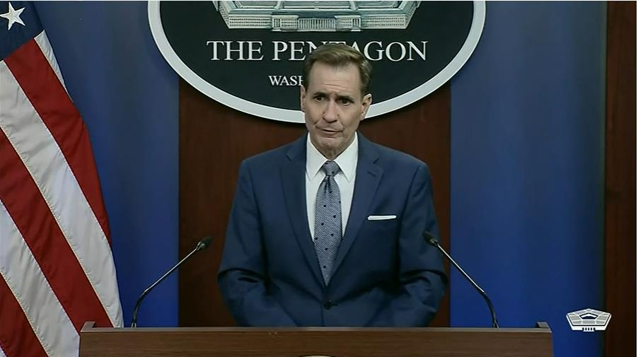 US Department of Defense Press Secretary John Kirby is seen taking a question in a press briefing at the Pentagon in Washington on Wednesday in this image captured from the department's website. (US Department of Defense)