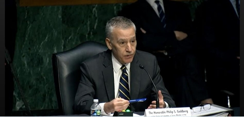 Philip Goldberg, a career ambassador and nominee for new US ambassador to South Korea, is seen testifying in his confirmation hearing before the Senate Committee on Foreign Services in Washington on Wednesday in this image captured from the committee's website. (Senate Committee on Foreign Services)