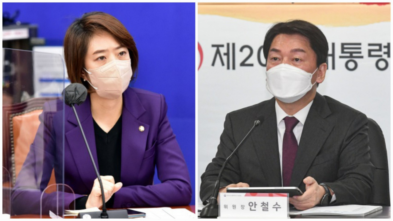 고민정 더불어민주당 의원(좌)과 안철수 대통령직인수위원장. [연합]