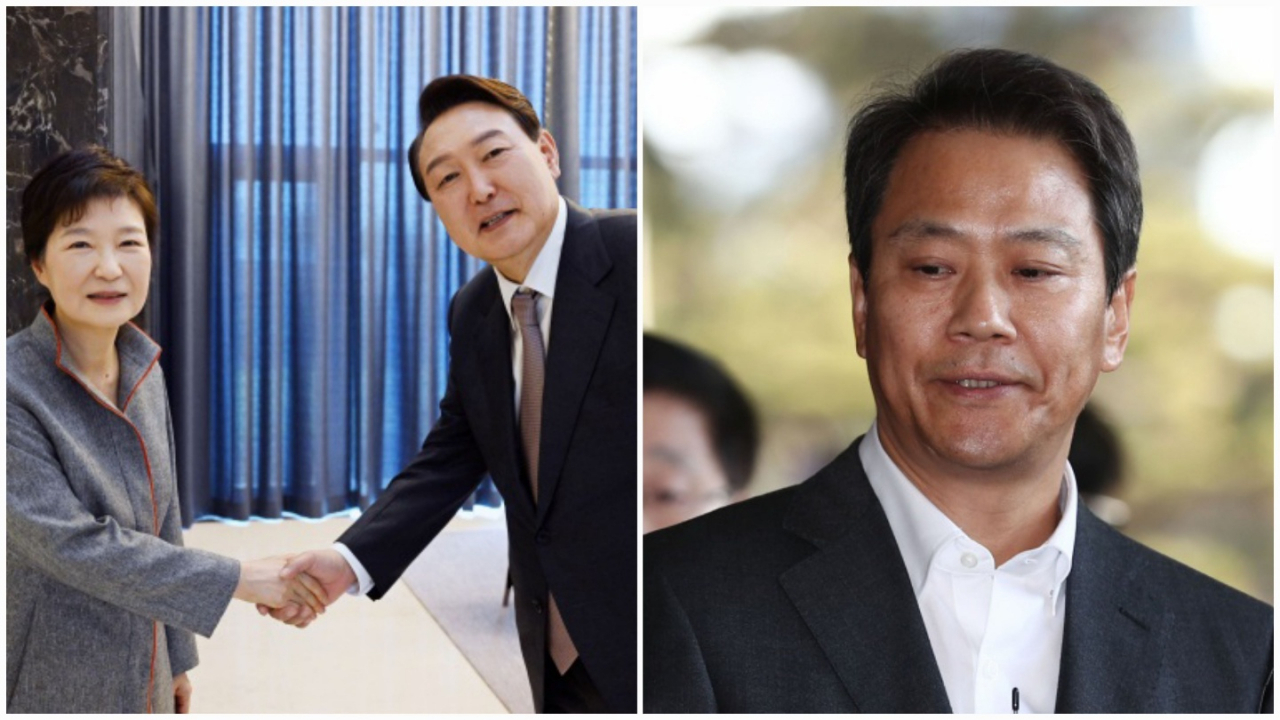 윤석열 대통령 당선인이 12일 오후 대구 달성군 유가읍에 있는 박근혜 전 대통령의 사저에 도착, 박 전 대통령과 인사하고 있다(좌), 임종석 전 대통령 비서실장. [연합]