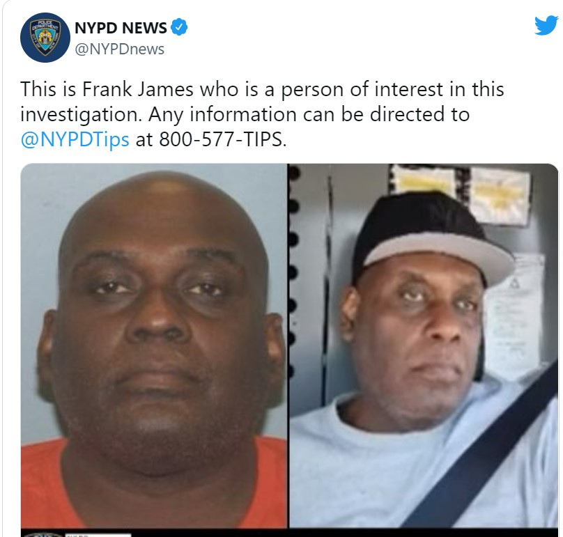 뉴욕경찰(NYPD)이 12일 뉴욕 브루클린 지하철 묻지마 총격사건 용의자 프랭크 제임스의 얼굴을 트위터에 공개했다.[트위터 캡처]