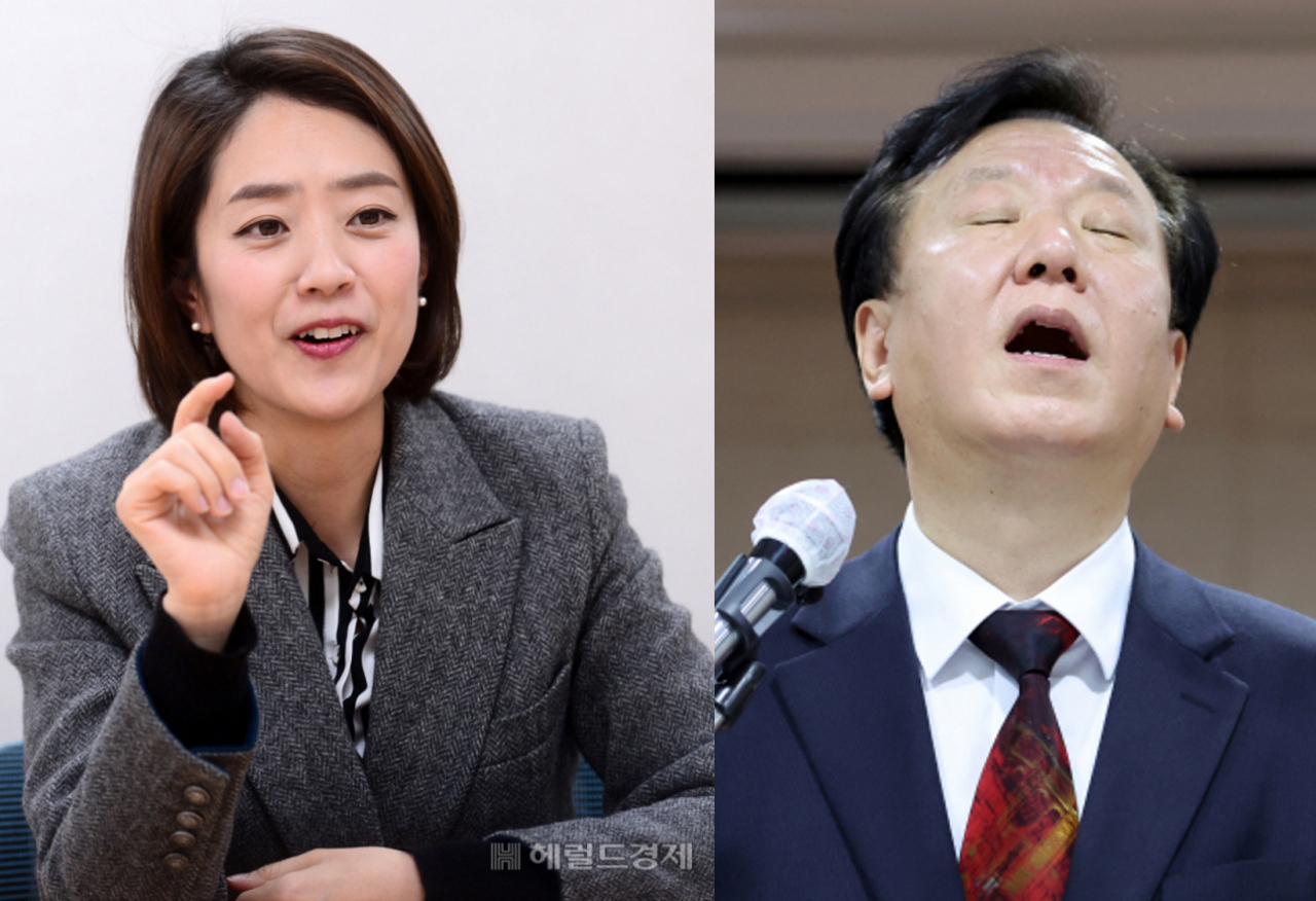 고민정 더불어민주당 의원(왼쪽). 정호영 보건복지부 장관 후보자(오른쪽)가 17일 서울 중구 국립중앙의료원에서 열린 기자회견에서 최근 제기된 자녀 관련 의혹 등과 관련한 취재진의 질문에 기억을 되살리고 있다. [연합]