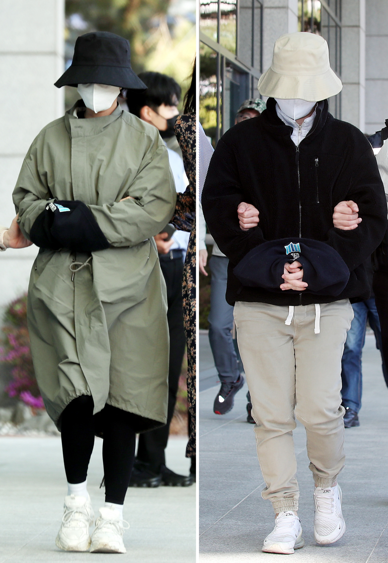 '계곡 살인' 사건의 피의자 이은해(31.왼쪽)·조현수(30)씨가 16일 오후 인천시 미추홀구 인천지방검찰청으로 압송되고 있다. [연합]