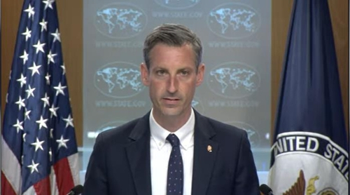 US Department of State Press Secretary Ned Price is seen speaking in a daily press briefing at the state department in Washington on Monday in this image captured from the department's website. (US Department of State)