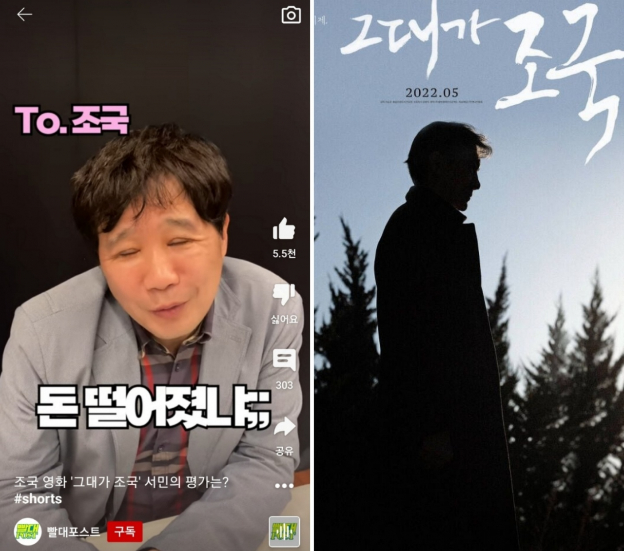 서민 단국대 의대 교수 유튜브 영상 캡처(좌), 영화 '그대가 조국' 포스터.