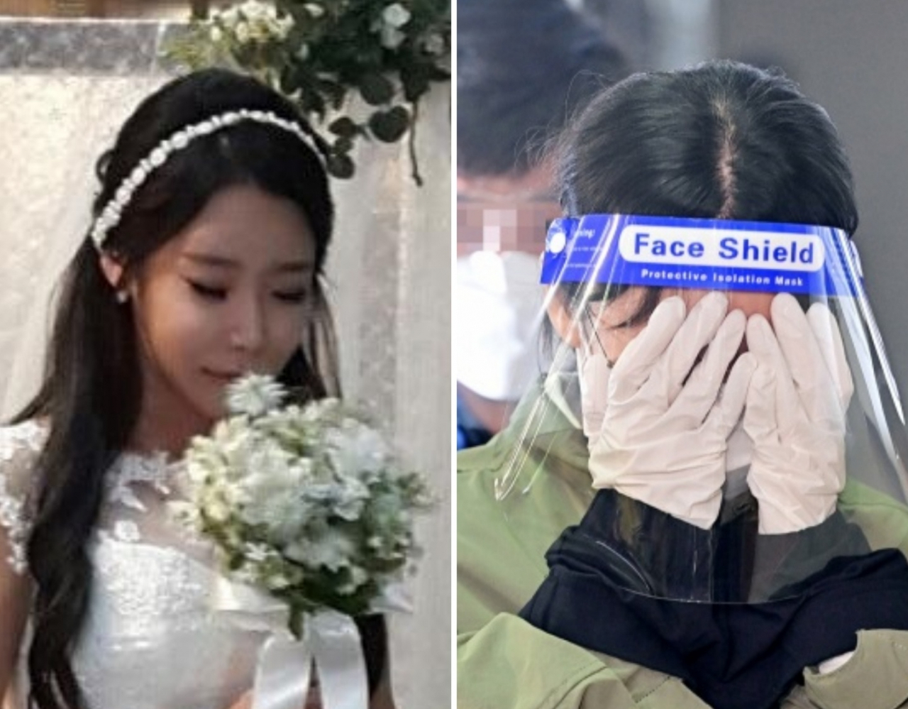 최근 온라인 커뮤니티를 통해 공개된 이은해 씨 결혼 사진(좌), 이은해씨가 지난 19일 오후 구속 전 피의자 심문(영장실질심사)을 받기 위해 인천시 미추홀구 인천지방법원으로 들어서고 있는 모습. [온라인 커뮤니티, 연합]