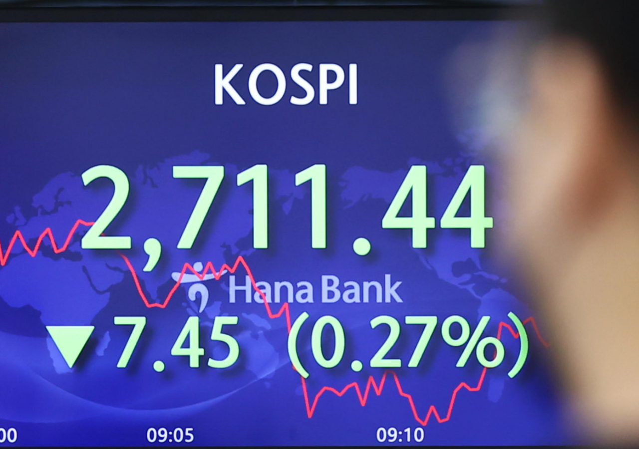 An electronic board showing the Korea Composite Stock Price Index (Kospi) at a dealing room of the Hana Bank headquarters in Seoul on Wednesday. (Yonhap)
