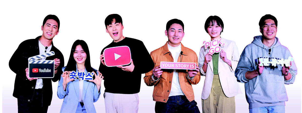 요즘 유튜브에선 소위 말하는 ‘하이퍼 리얼리즘’콘텐츠가 인기다. 흉내내듯 일상을 보여주는 것이 아닌, 진짜 ‘나의 삶’을 복사해낸 ‘극사실주의’ 콘텐츠로, ‘1분 뮤지컬’과 ‘숏박스’, ‘픽고(PICKGO)’ 채널 등이다. ‘숏박스’ 채널의 KBS 공채 개그맨 30기 김원훈(왼쪽부터), 32기 엄지윤, 31기 조진세, ‘픽고(PICKGO)’ 채널의 고낙균 대표, 이민지 PD, ‘1분 뮤지컬’ 채널의 권순용 PD. [유튜브 제공]