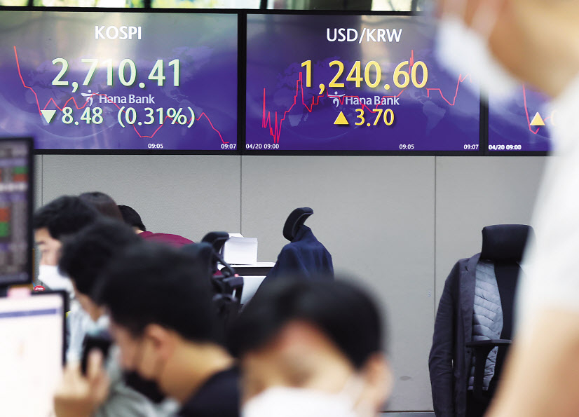 IMF 등 국내외 주요기관이 한국의 경제성장률 전망을 속속 낮게 잡고, 고물가에 대한 경고음을 켜면서 우리 경제에 그림자가 드리우고 있다. 코스피 장 초반이 2710대 약세를 보이고 있는 20일 오전 서울 명동 하나은행 본점 딜링룸에서 직원들이 업무를 보고 있다. [연합]