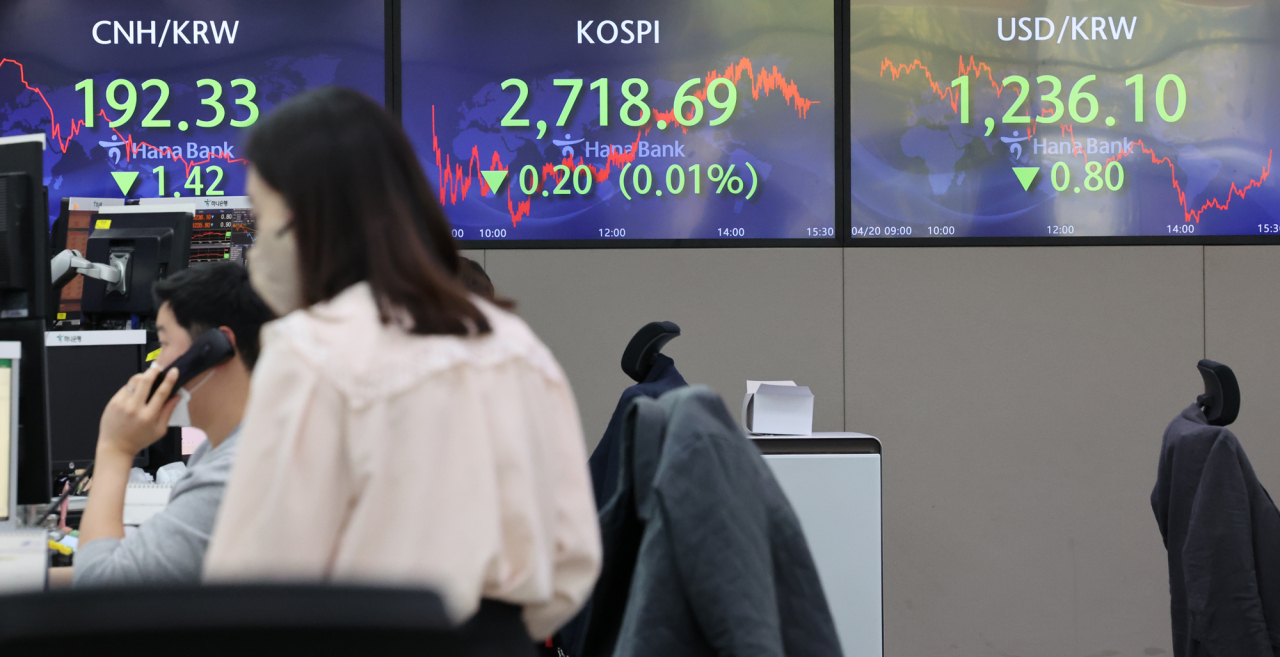 An electronic board showing the Korea Composite Stock Price Index (Kospi) at a dealing room of the Hana Bank headquarters in Seoul on Wednesday. (Yonhap)
