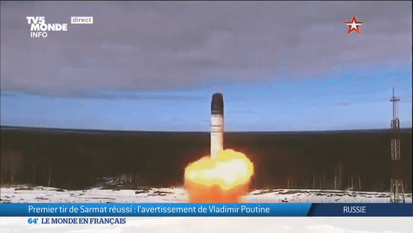 러시아 차세대 대륙간탄도미사일(ICBM)인 RS-28 ‘사르맛’의 시험발사 모습. [유튜브 'TV5MONDE Info' 채널 캡처]