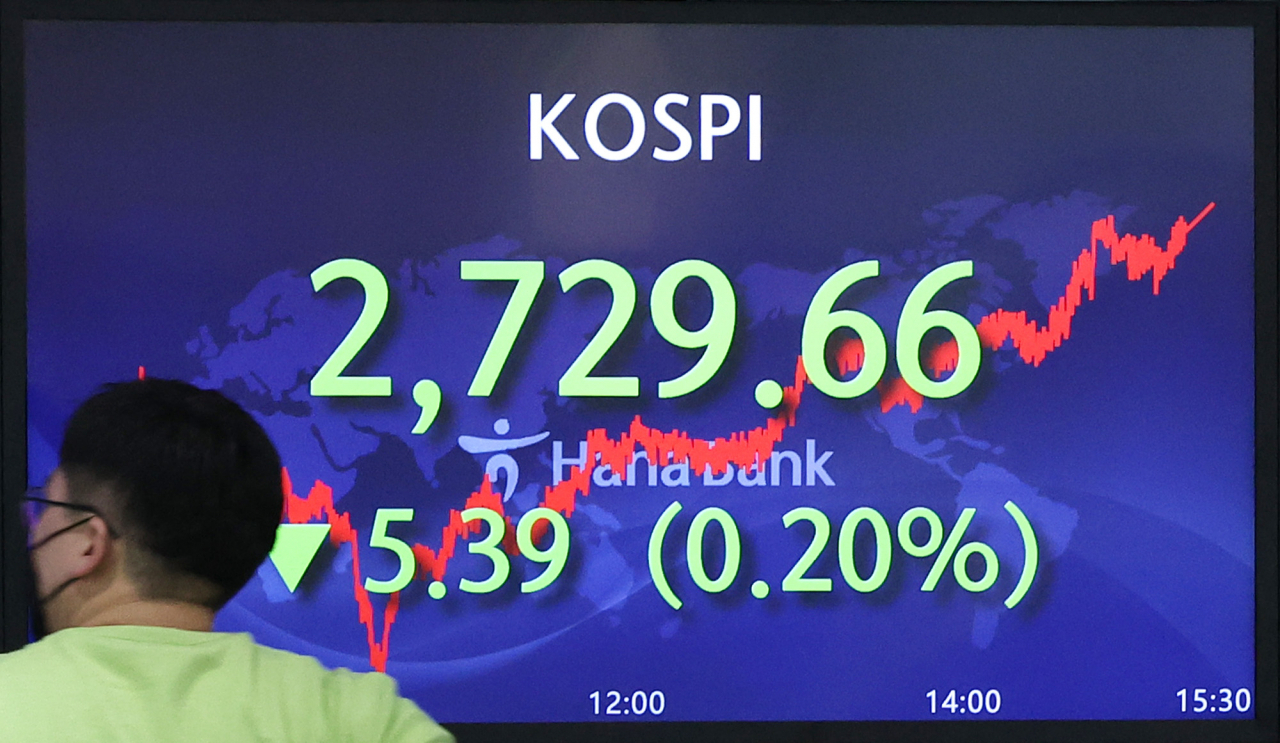 An electronic board showing the Korea Composite Stock Price Index (Kospi) at a dealing room of the Hana Bank headquarters in Seoul on Thursday. (Yonhap)