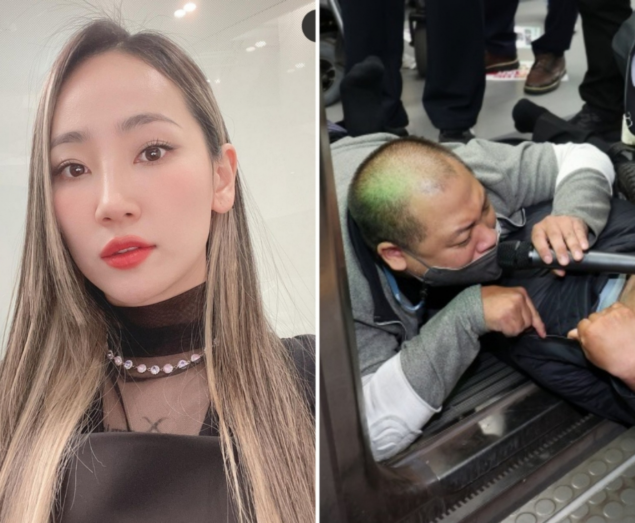 가수 핫펠트(좌), 전국장애인차별철폐연대(전장연) 소속 장애인들이 21일 오전 서울 지하철 2호선 시청역에서 출근길 지하철 탑승 시위를 하고 있는 모습. [핫펠트 SNS, 연합]