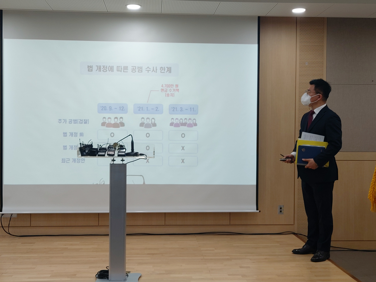 서울 송파구 서울동부지검에서 28일 진행된 보이스피싱 사건 관련 현장 브리핑에서 이곤호 동부지검 강력범죄전담부장이 설명하고 있다. 김희량 기자