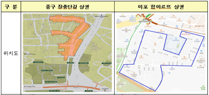 로컬브랜드 상권 육성사업 대상지 골목상권 5곳 중 2곳인 장충단길·합마르뜨 상권 지도. [서울시 제공]