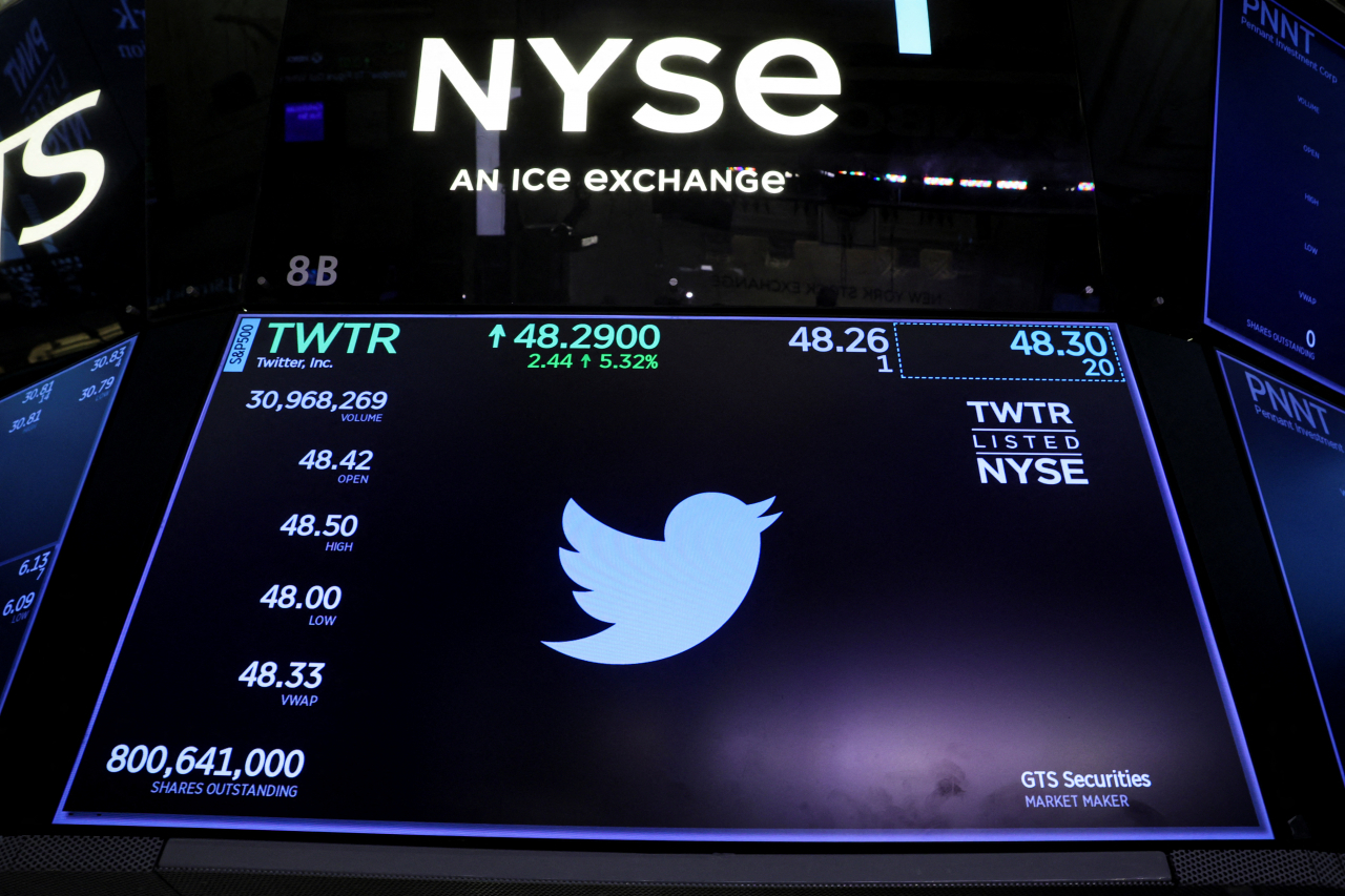 지난 14일(현지시간) 미국 뉴욕증권거래소(NYSE) 시세 전광판에 트위터 주가 변동상황이 표시돼 있다. 테슬라 최고경영자(CEO) 일론 머스크가 인수를 제안한 트위터 주가는 이날 1.68% 하락 마감했다. [연합]