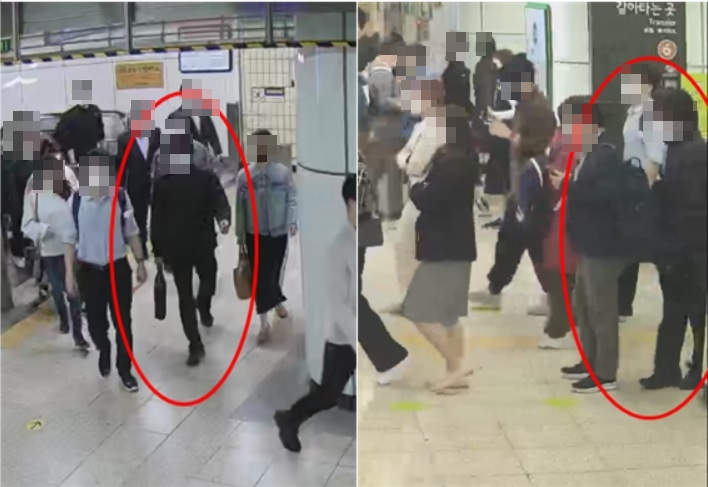 지난달 21일 오전 7시24분께 서울 지하철 6호선 합정역 환승통로에서 소매치기범인 40대 A씨가 2호선으로 환승하기 위해 열차 승강장으로 이동하는 모습. [서울경찰청 지하철경찰대 제공]