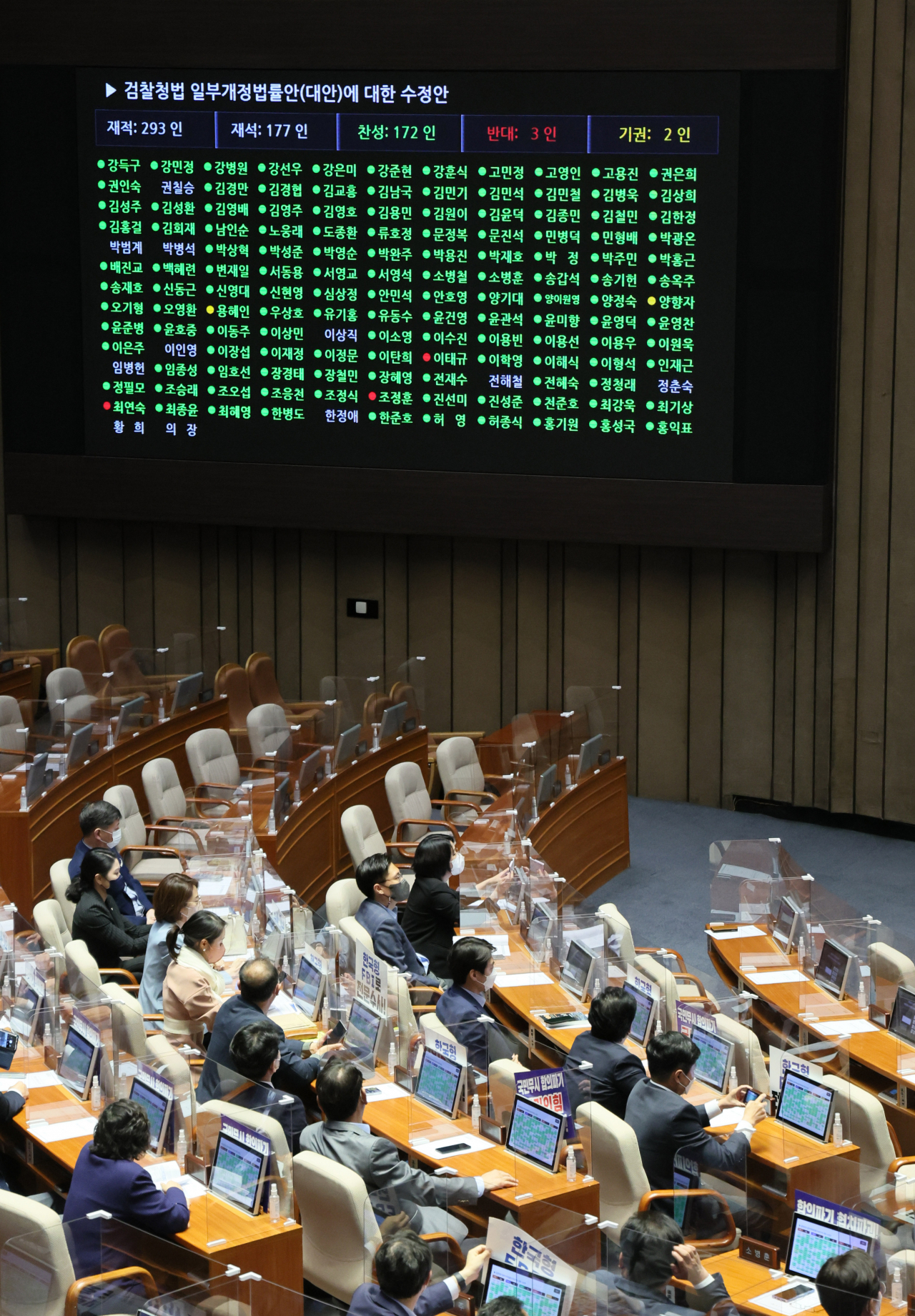 4월 30일 오후 국회 본회의에서 검찰청법 개정안이 통과되고 있다. [연합]