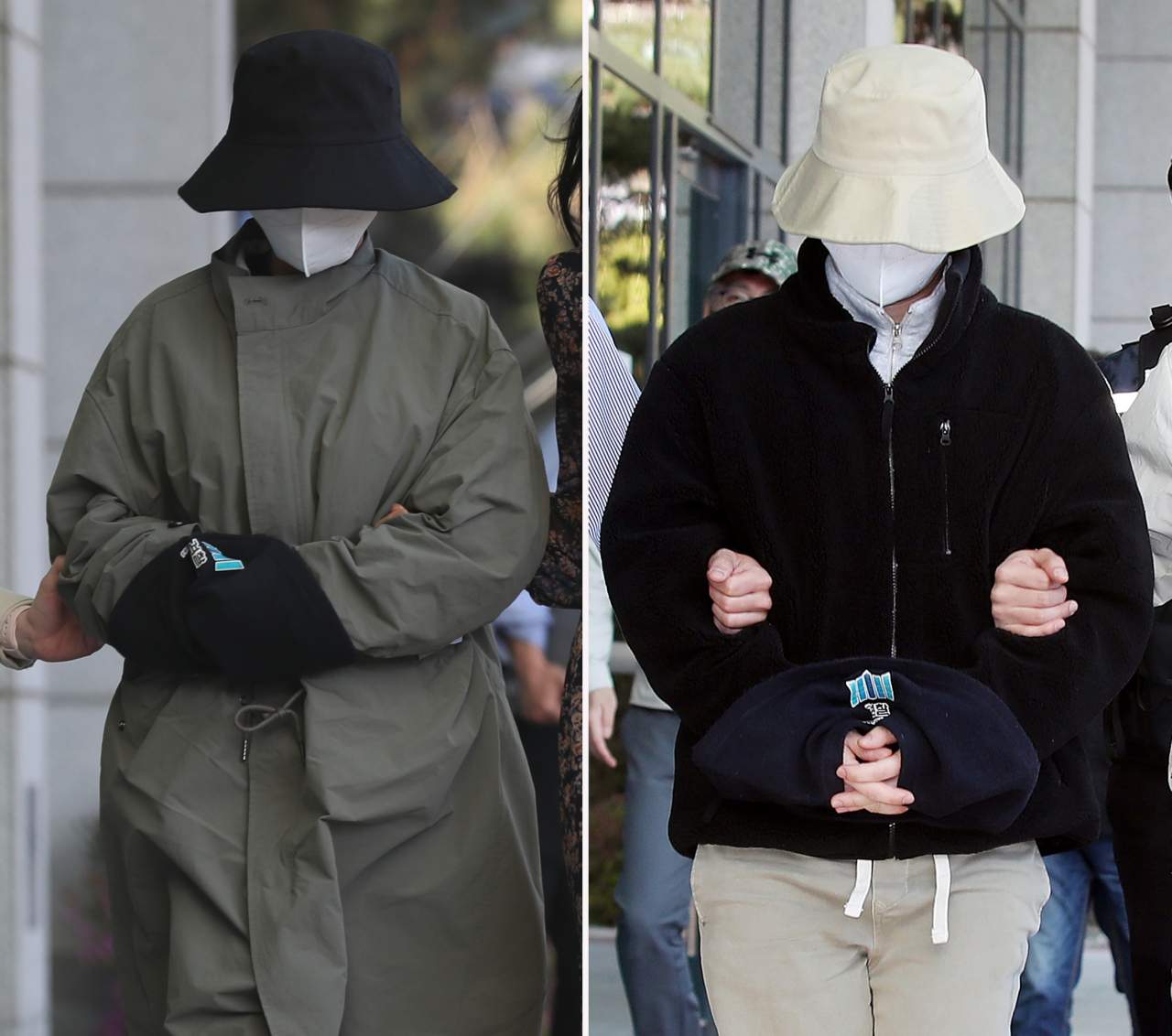 Lee Eun-hae (second from left), a fugitive wanted in the death of her husband, and her accomplice Cho Hyun-soo, arrive at Goyang Police Station in Goyang, just northwest of Seoul, after being arrested on April 16. (Yonhap)