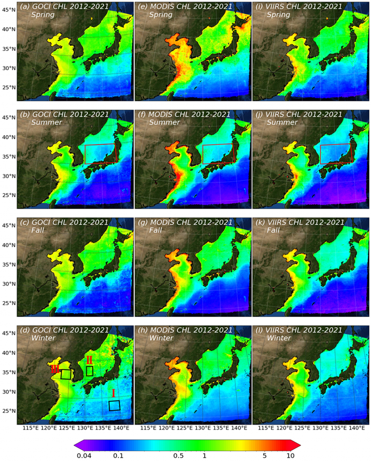 2012~2121년 10년 간 천리안위성1호, MODIS, VIIRS 위성에서 얻어진 클로로필-a 농도의 계절 기후값.[KIOST 제공]