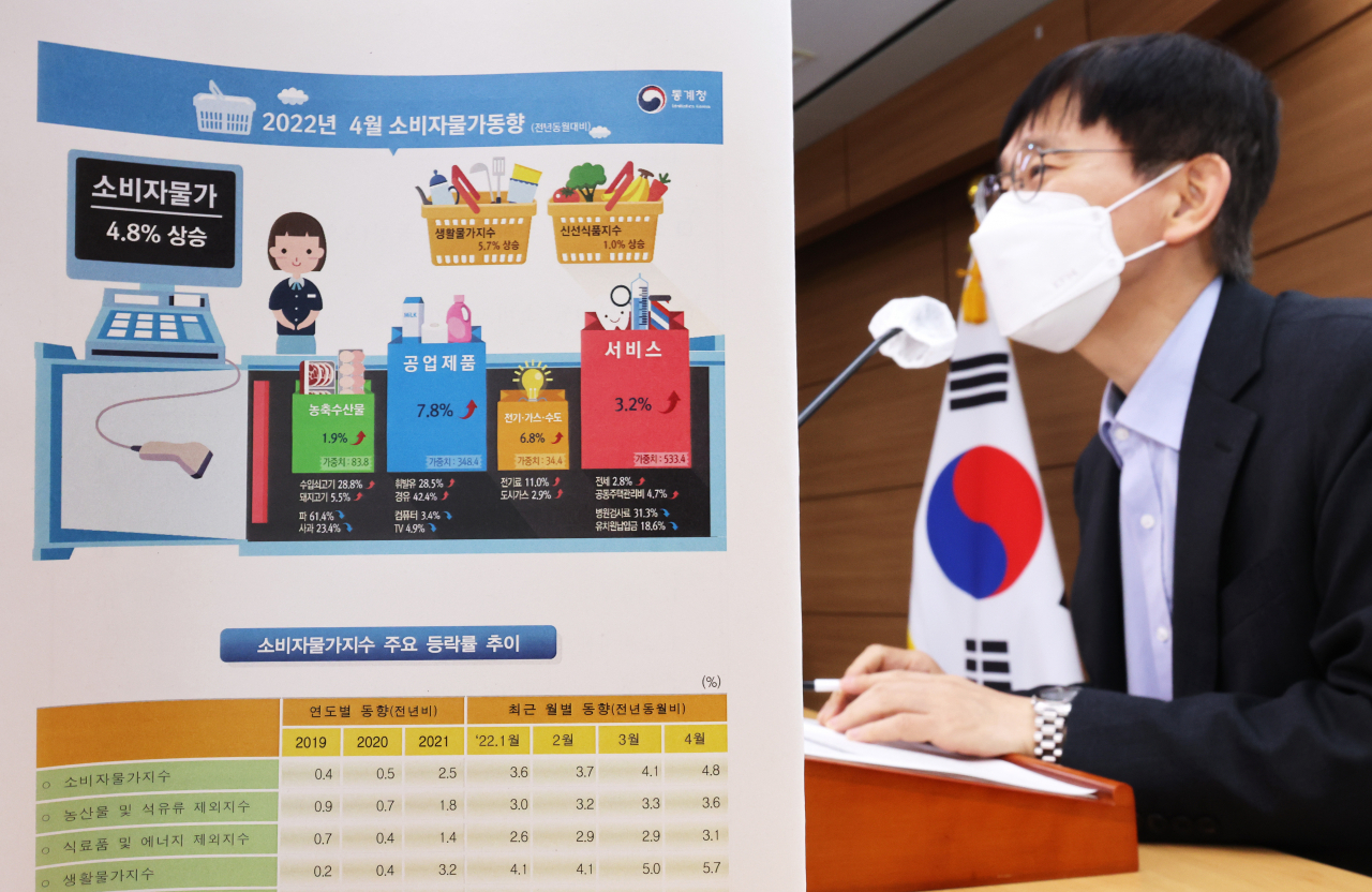 어운선 통계청 경제동향통계심의관이 3일 오전 세종시 정부세종청사에서 2022년 4월 소비자물가동향을 발표하고 있다. 그는 “하반기로 가면서 역기조효과가 있을 수 있다고 봤고, 우크라이나 사태도 1년 내내 지속될 것이냐는 점에서 의문이 있었는데 지금은 상당기간 오름세를 지속할 가능성이 크다고 보고 있다”며 “당분간 오름세가 둔화할 요인이 보이지 않아 걱정”이라고 말했다. [연합]