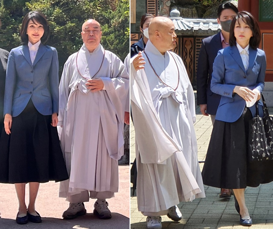 윤석열 대통령 당선인 부인인 김건희 여사가 3일 충북 단양 구인사를 방문하면서 착용한 의상이 화제다. [연합]