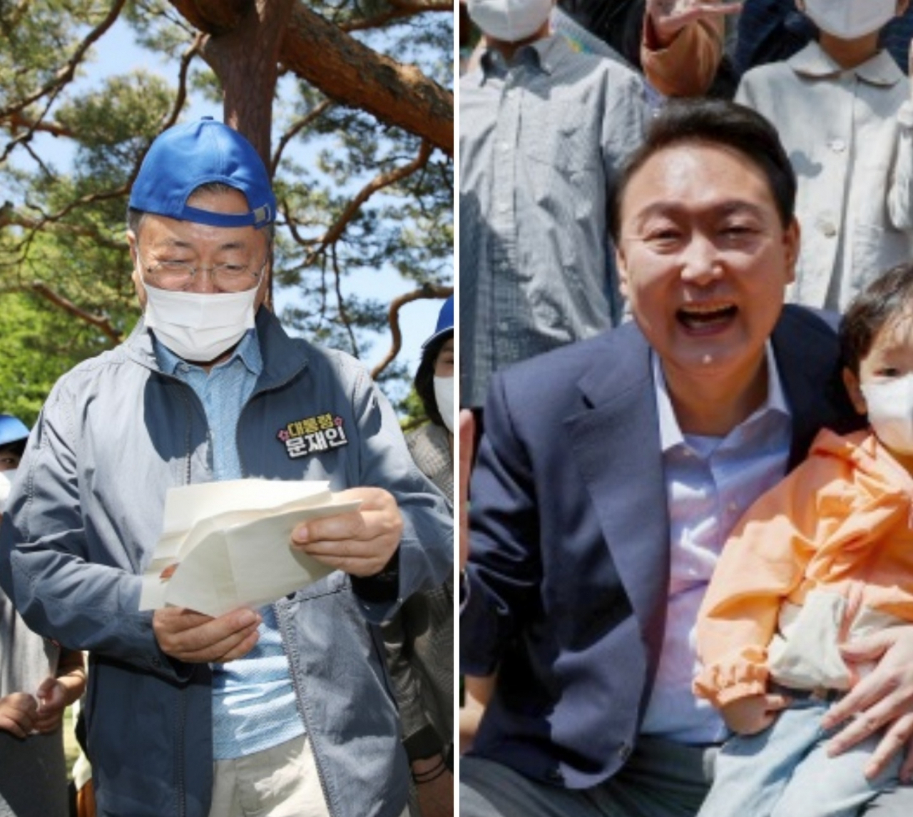문재인 대통령이 어린이날인 5일 오후 청와대 녹지원에서 열린 '어린이날 100주년 기념 청와대 어린이 초청행사'에서 어린이들과 운동회에 함께 참가하고 있는 모습(좌), 윤석열 대통령 당선인이 어린이날인 5일 오전 자택이 있는 서초구 주상복합단지 내에서 입주민 어린이들과 기념촬영을 하고 있는 모습. [연합]