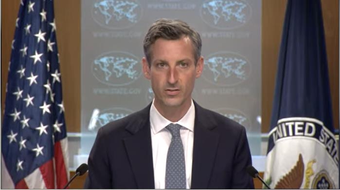 US Department of State Press Secretary Ned Price is seen speaking in a press briefing at the department in Washington on Thursday in this image captured from the department's website. (US Department of State)