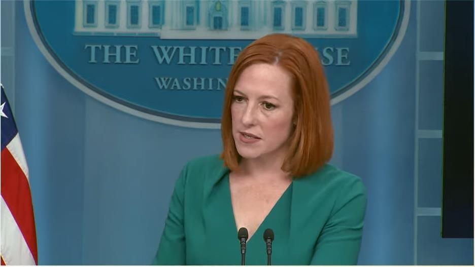 White House Press Secretary Jen Psaki is seen answering questions in a daily press briefing at the White House in Washington on Thursday in this captured image. (White House)