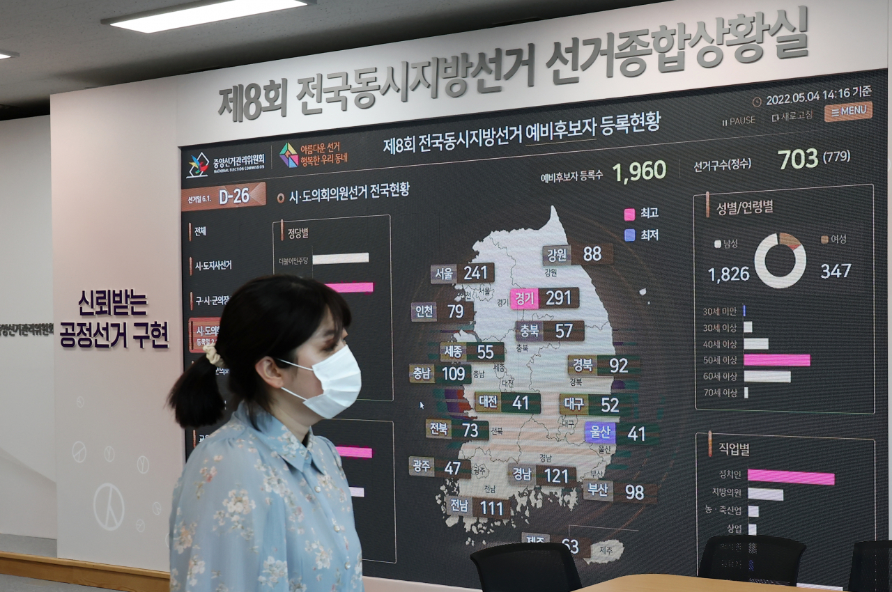 중앙선거관리위원회에 마련된 제8회 전국동시지방선거 선거종합상황실에서 관계자들이 업무를 보고 있다. [연합]