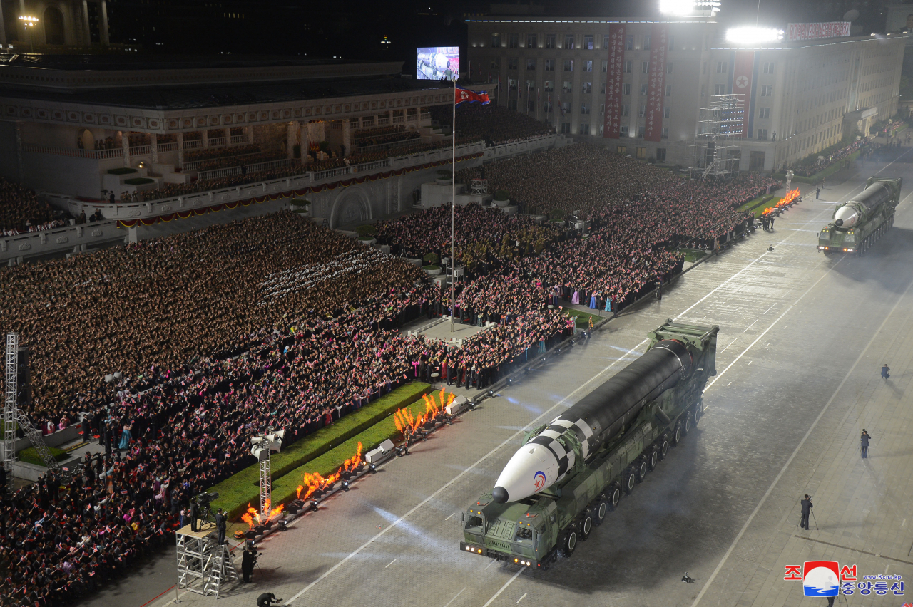 A new Hwasong-17 missile is displayed during a military parade at Kim Il-sung Square in Pyongyang on April 25, 2022, as North Korea marked the 90th anniversary of the founding of its army with North Korean leader Kim Jong-un in attendance, in this file photo released the next day by the North's official Korean Central News Agency. (KCNA)