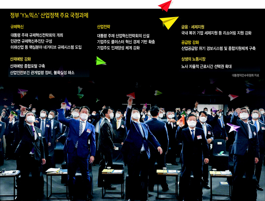 윤석열 대통령(가운데)이 지난달 22일 대한상공회의소가 주최한 경제계 ‘2030 부산세계박람회 유치 기원 대회’에서 성공적인 유치를 기원하며 참석자들과 함께 종이비행기를 날리고 있다. [대통령직인수위원회 제공]