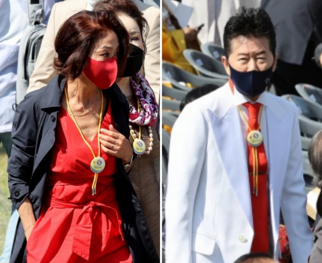 배우 김부선이 10일 오전 서울 여의도 국회에서 열린 제20대 윤석열 대통령 취임식에 참석하고 있다(좌). 가수 태진아가 10일 오전 서울 여의도 국회에서 열린 제20대 윤석열 대통령 취임식에 참석하고 있다. [연합]