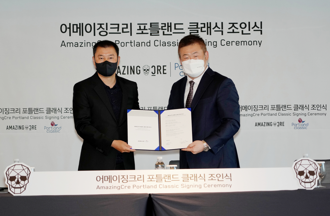 어메이징크리 유용문 대표(왼쪽)와 LPGA 션 변 아시아 대표./세마스포츠 제공