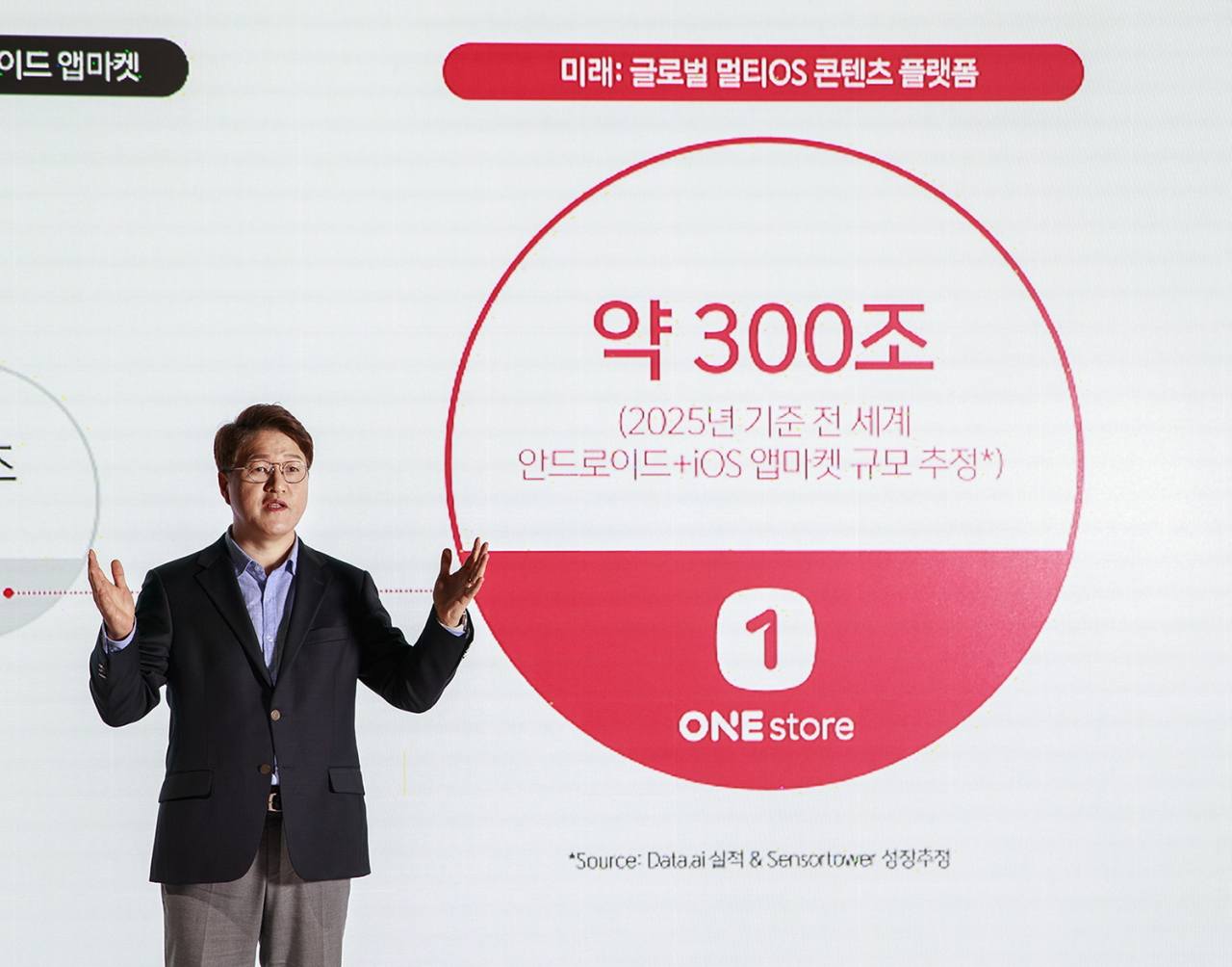 이재환 원스토어 대표는 지난 9일 서울 여의도 페어몬트 앰배서더 서울에서 열린 미디어 간담회에서 회사 비전에 대해 설명하고 있다.[원스토어 제공]