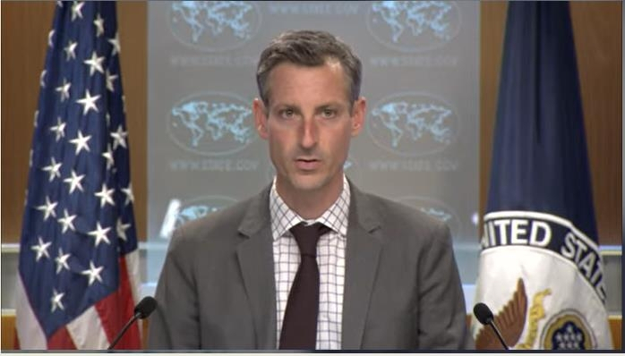 US Department of State spokesperson Ned Price is seen speaking in a daily press briefing at the department in Washington on Wednesday in this image captured from the department's website. (Yonhap)