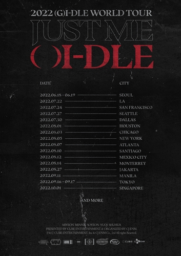 This photo provided by Cube Entertainment shows a promotional poster for K-pop group (G)I-dle's first world tour set to begin in Seoul on June 18 and 19. (Cube Entertainment)