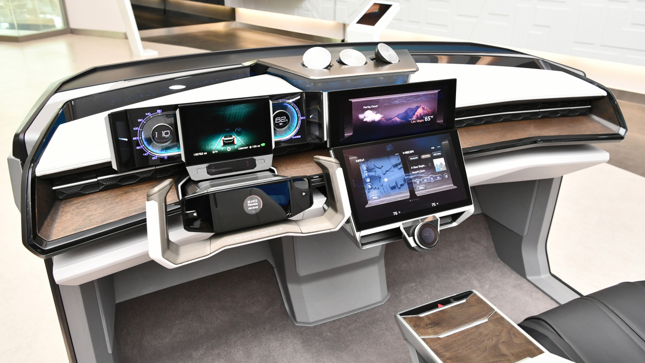 현대모비스의 IVI(In-Vehicle Infotaiment) 시스템을 종합한 미래형 통합 칵핏 M.ViCS 2.0 콘셉 모듈. [현대모비스 제공]